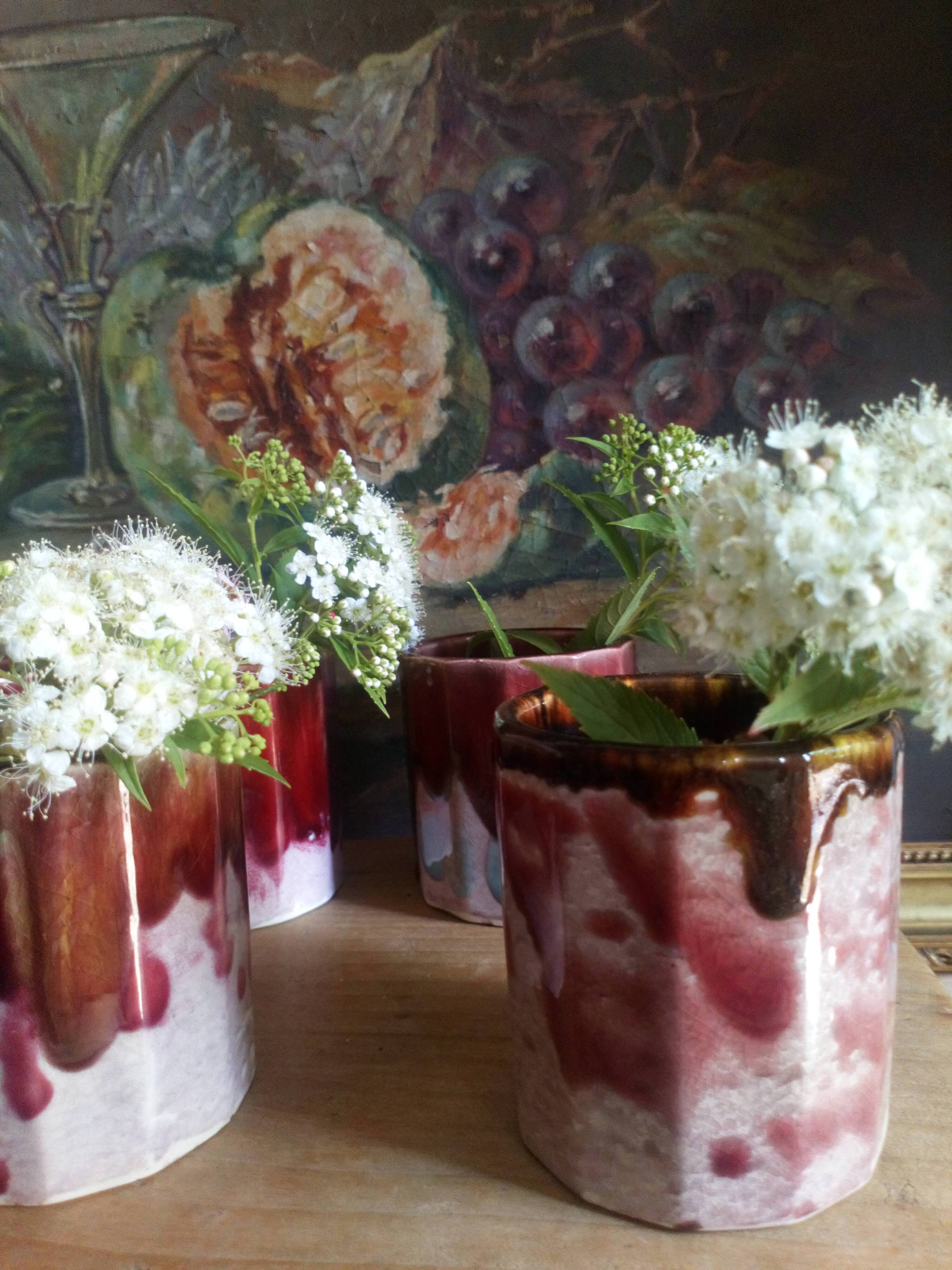 Six old yoghurt pots in enamelled porcelain