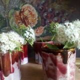 Six old yoghurt pots in enamelled porcelain