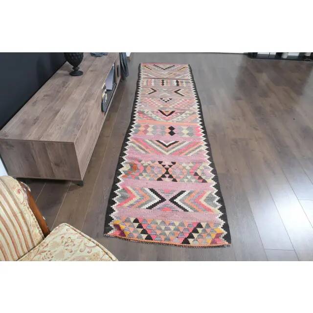 1970s Turkish Oushak Handmade Wool Cotton Pink Runner Rug 83x331