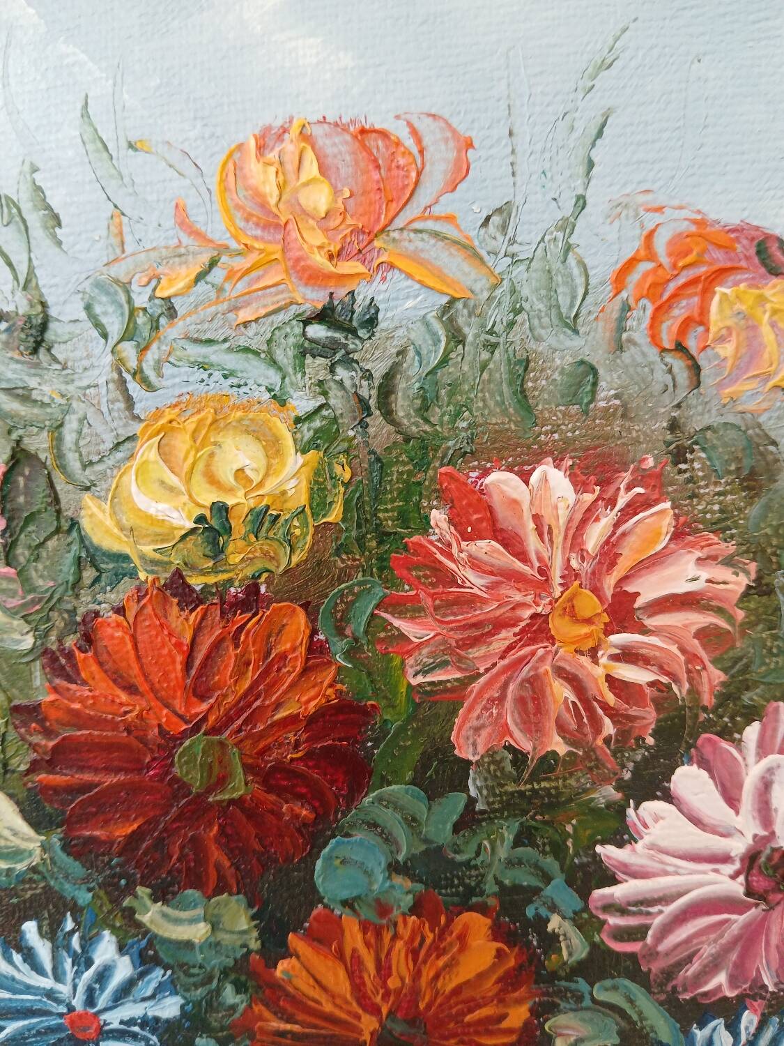 Small painting, bouquet of flowers, blue background