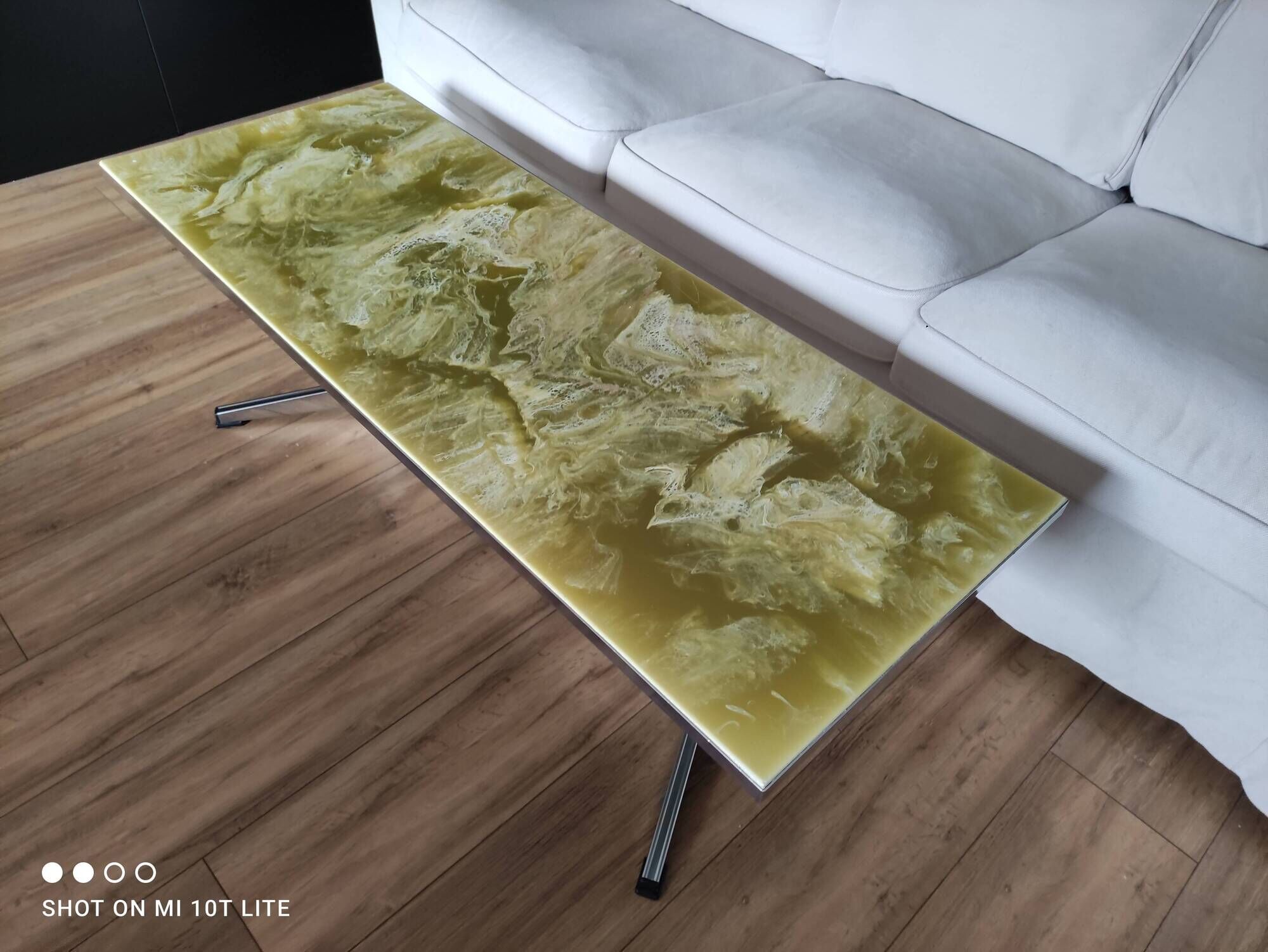 Vintage coffee table 70s chrome base and top resin effect marble green water