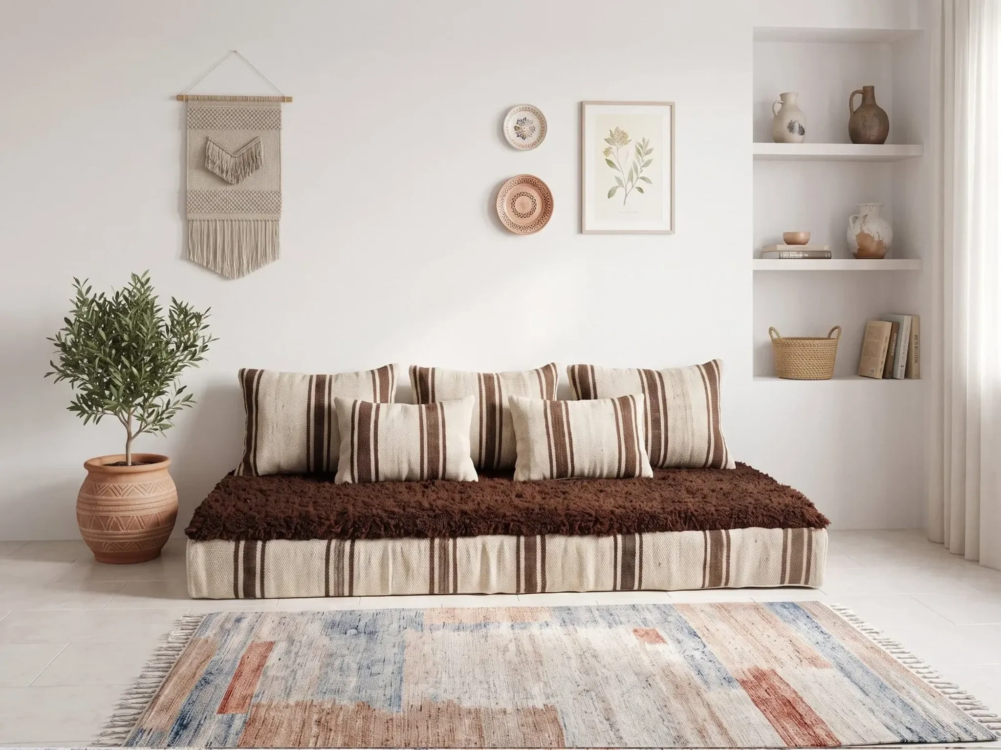 Striped coffee Hanbel floor cushion – Handwoven ivory wool