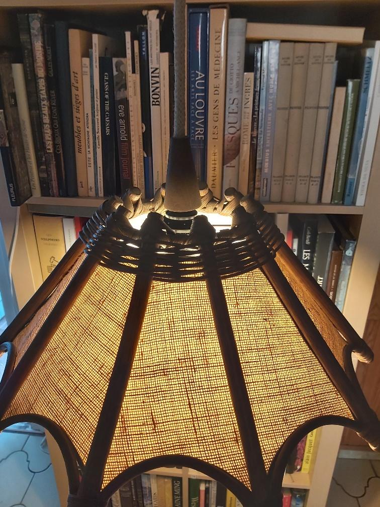 Scandinavian rattan hanging lamp, wood and vintage fabric