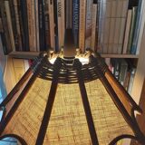 Scandinavian rattan hanging lamp, wood and vintage fabric