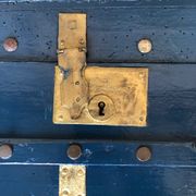 Old vintage blue & gold wood storage chest #a127