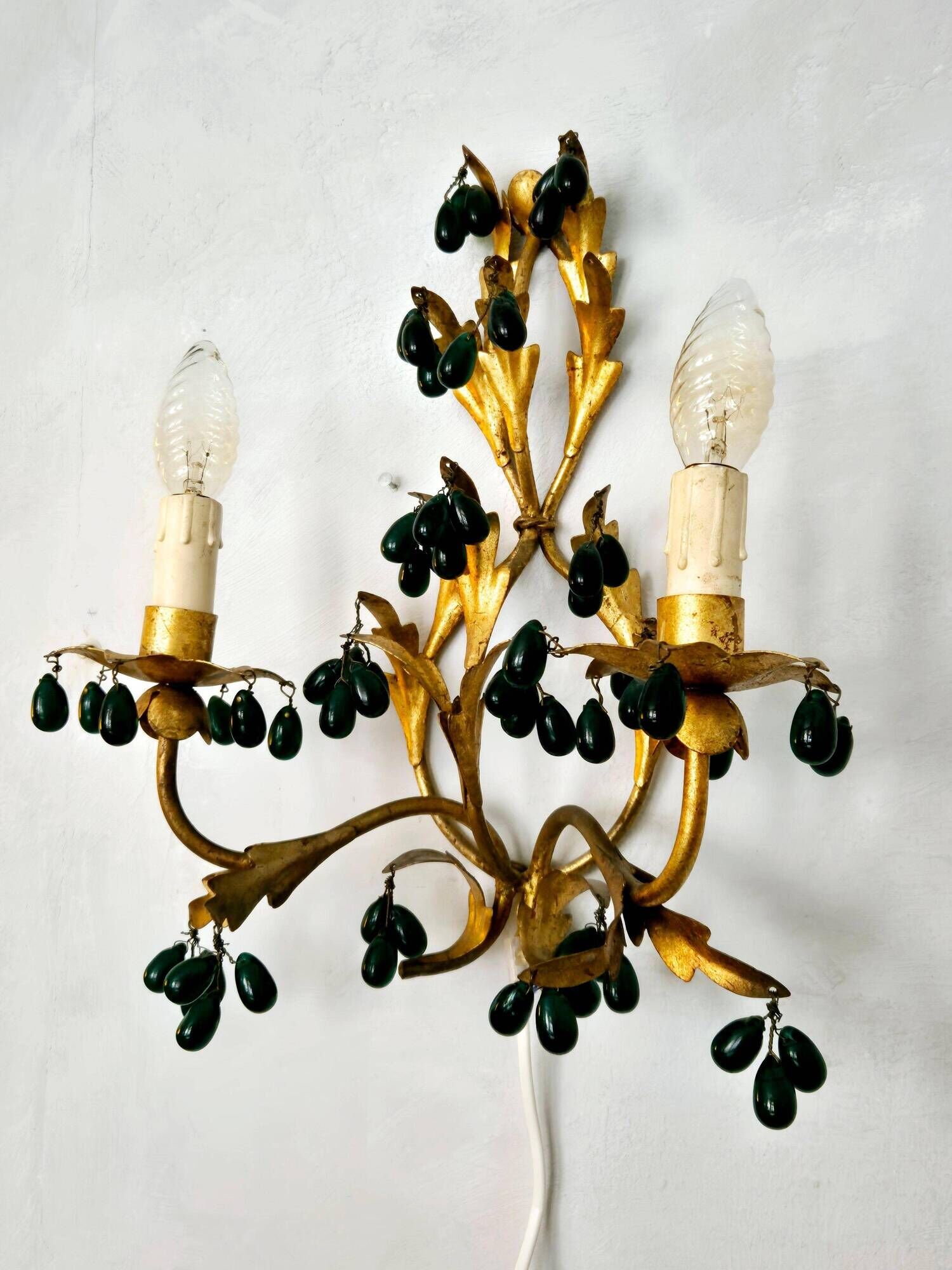 Lights, gold metal with green glass drops, Italy mid-1900s Regency.