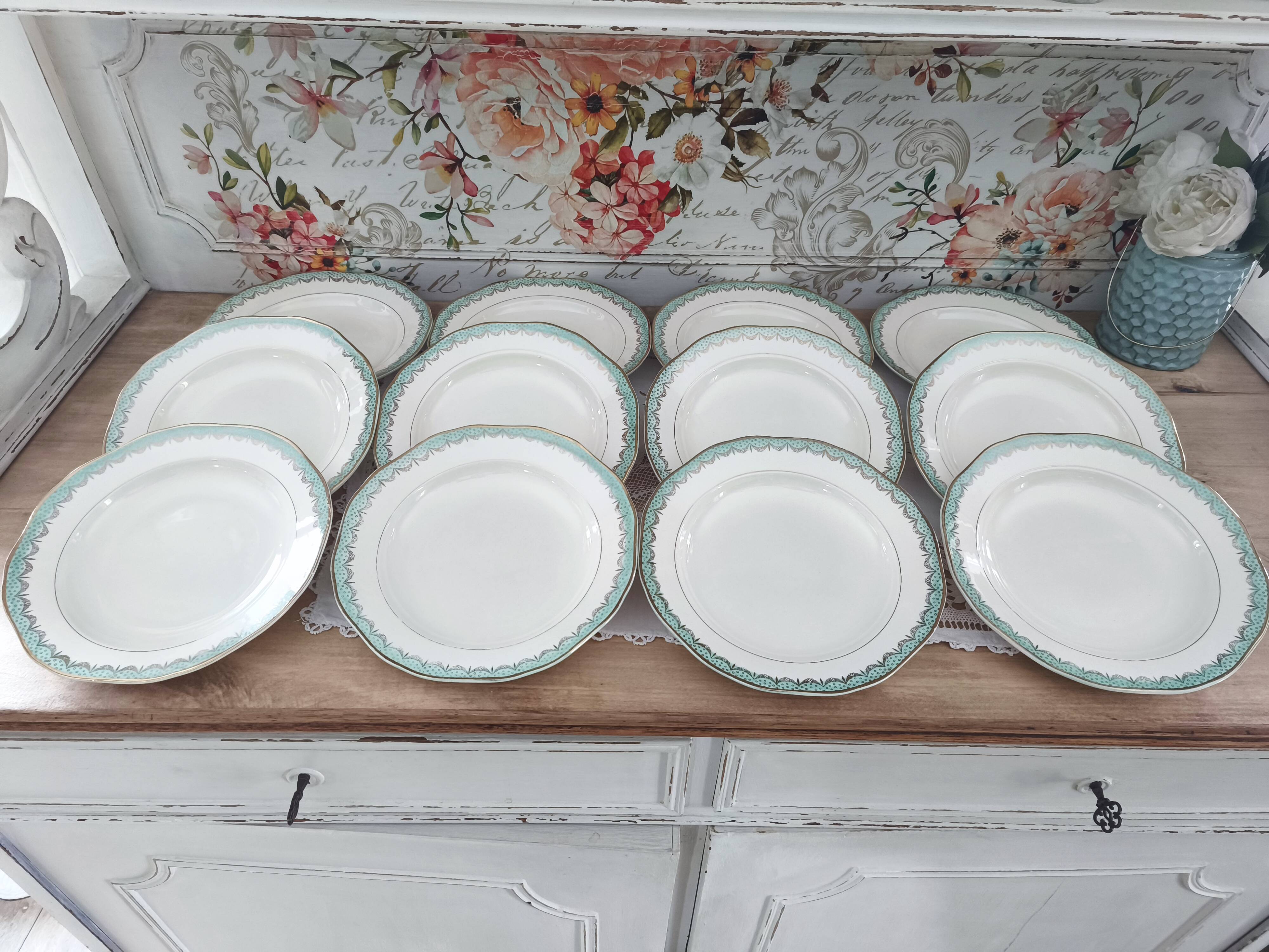 Set of 12 Longwy France earthenware soup plates, Trianon model