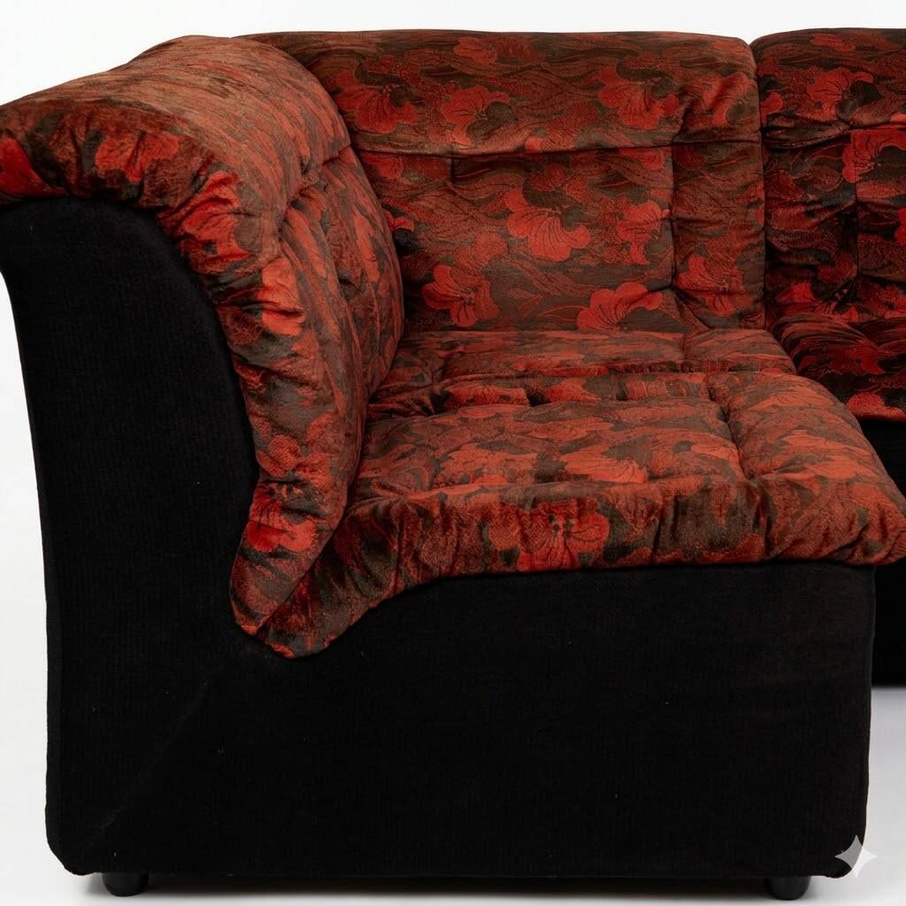 Modular Sofa Set (7 Pieces) — Velour Upholstery in Red-Orange Floral Patter