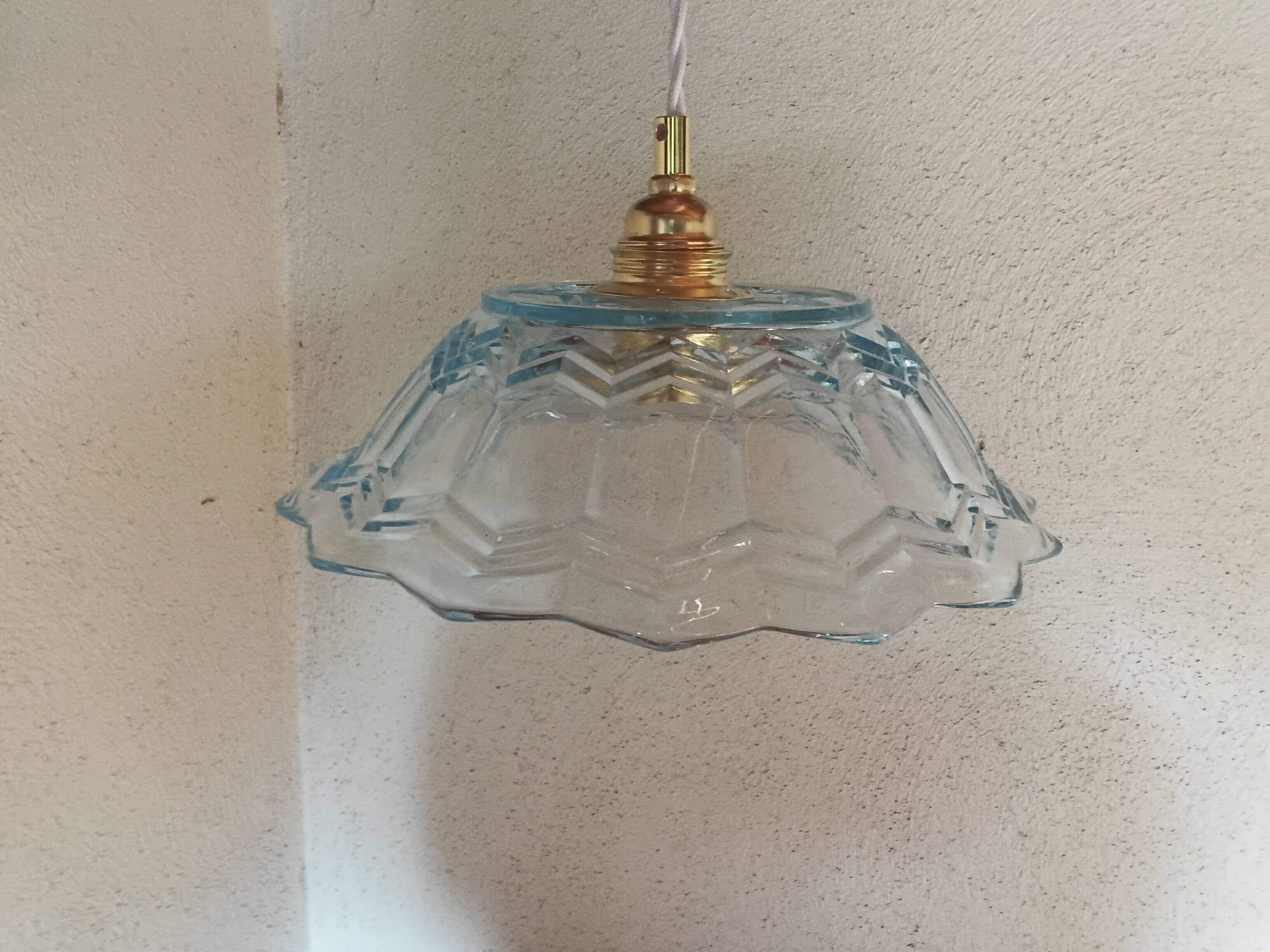 Vintage pendant light in blue chiseled glass