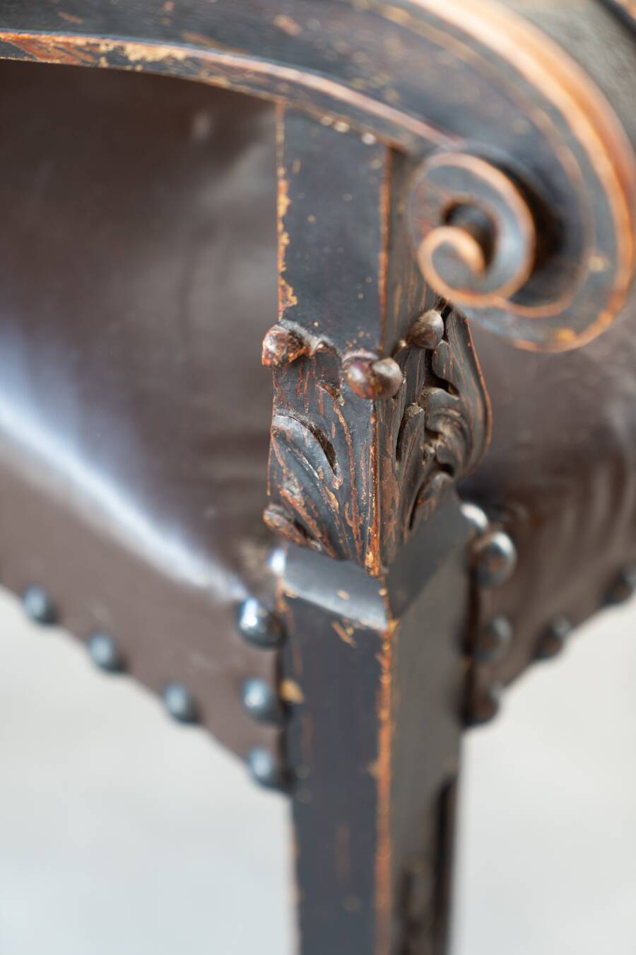 19th century beechwood, metal, and leather throne