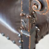 19th century beechwood, metal, and leather throne