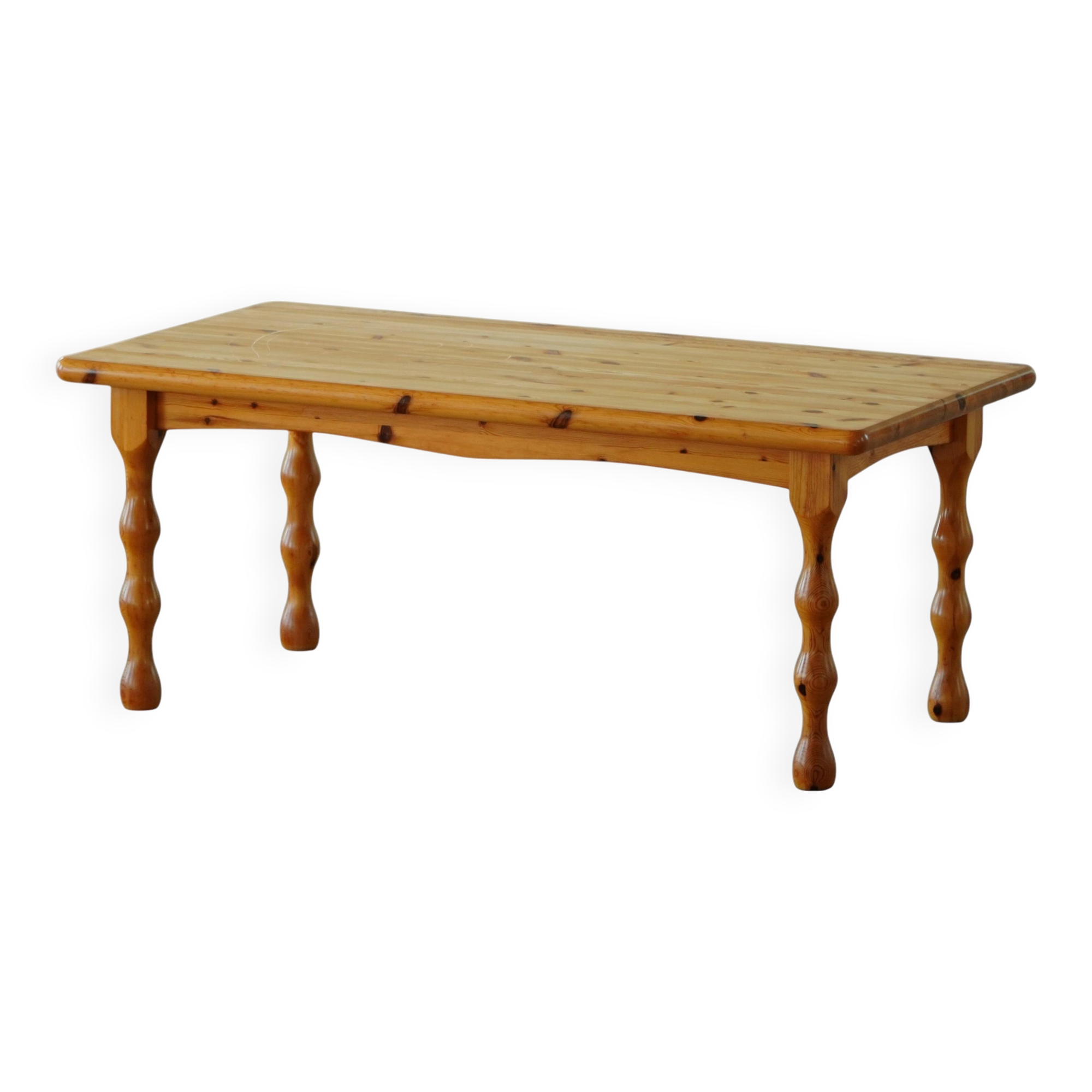 Scandinavian coffee table in brutalist style made of pine, with turned legs, Danish modern style, 1970s.