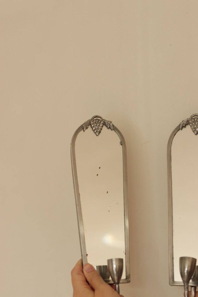 Pair of Mid Century Swedish Pewter Sconces with Mirror