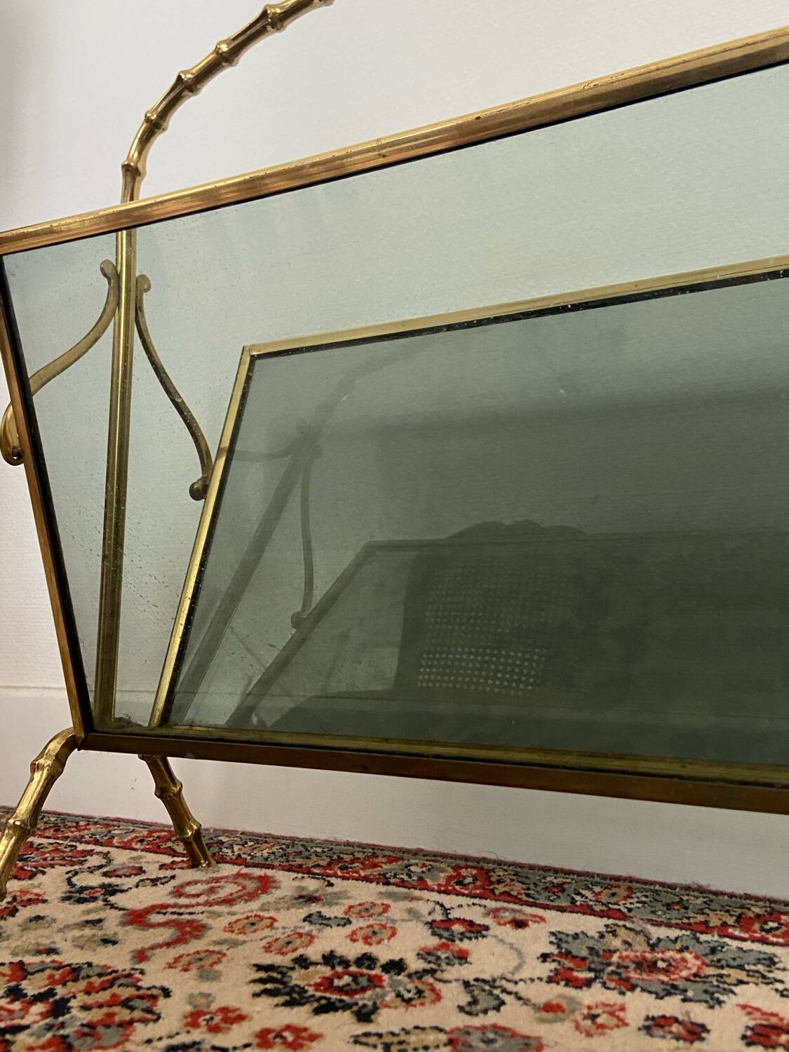 Maison Baguès Style Brass and Faux Bamboo Glass Magazine Rack, 1960s