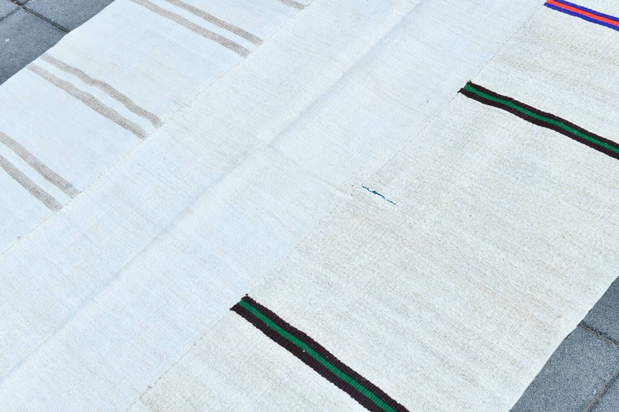 Turkish Vintage Minimalit Striped Kilim Rug, Handmade Oushak Wool Carpet