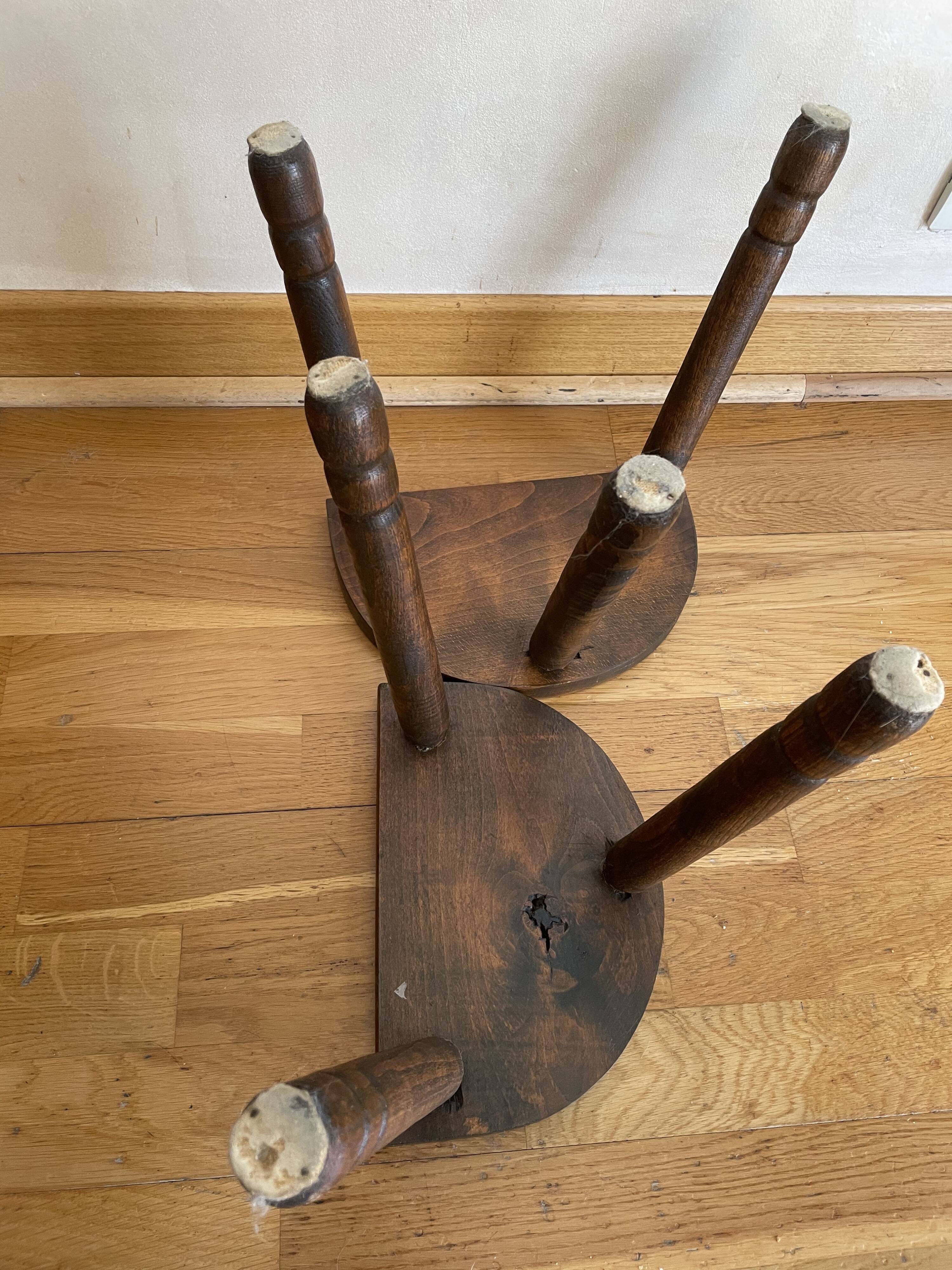 Duo of tripod oak stools