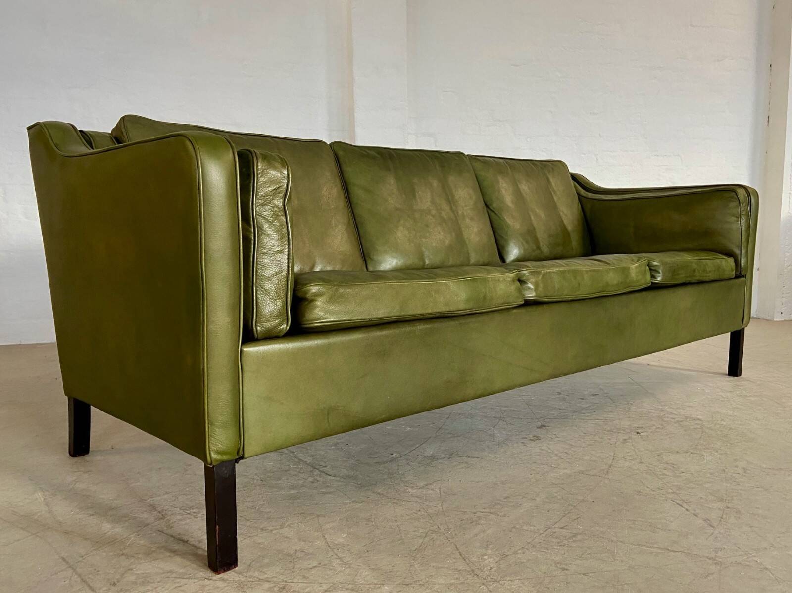 Canapé vintage danois Mogens Hansen en cuir vert olive des années 60