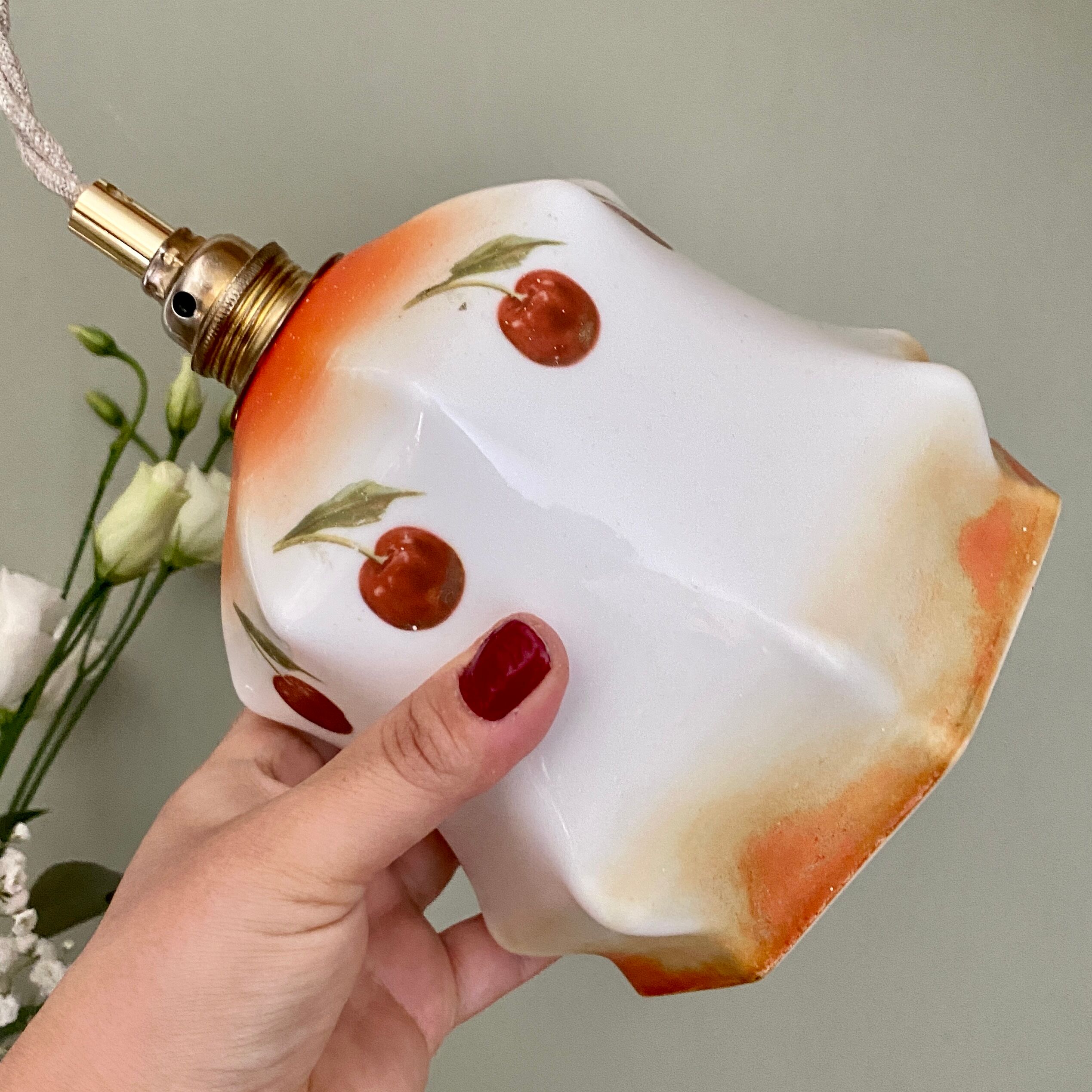 Vintage tulip ride in white opaline cherry patterns