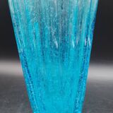 Large vase in blown bubbled glass with a ribbed texture and vintage sky blue, height 30cm
