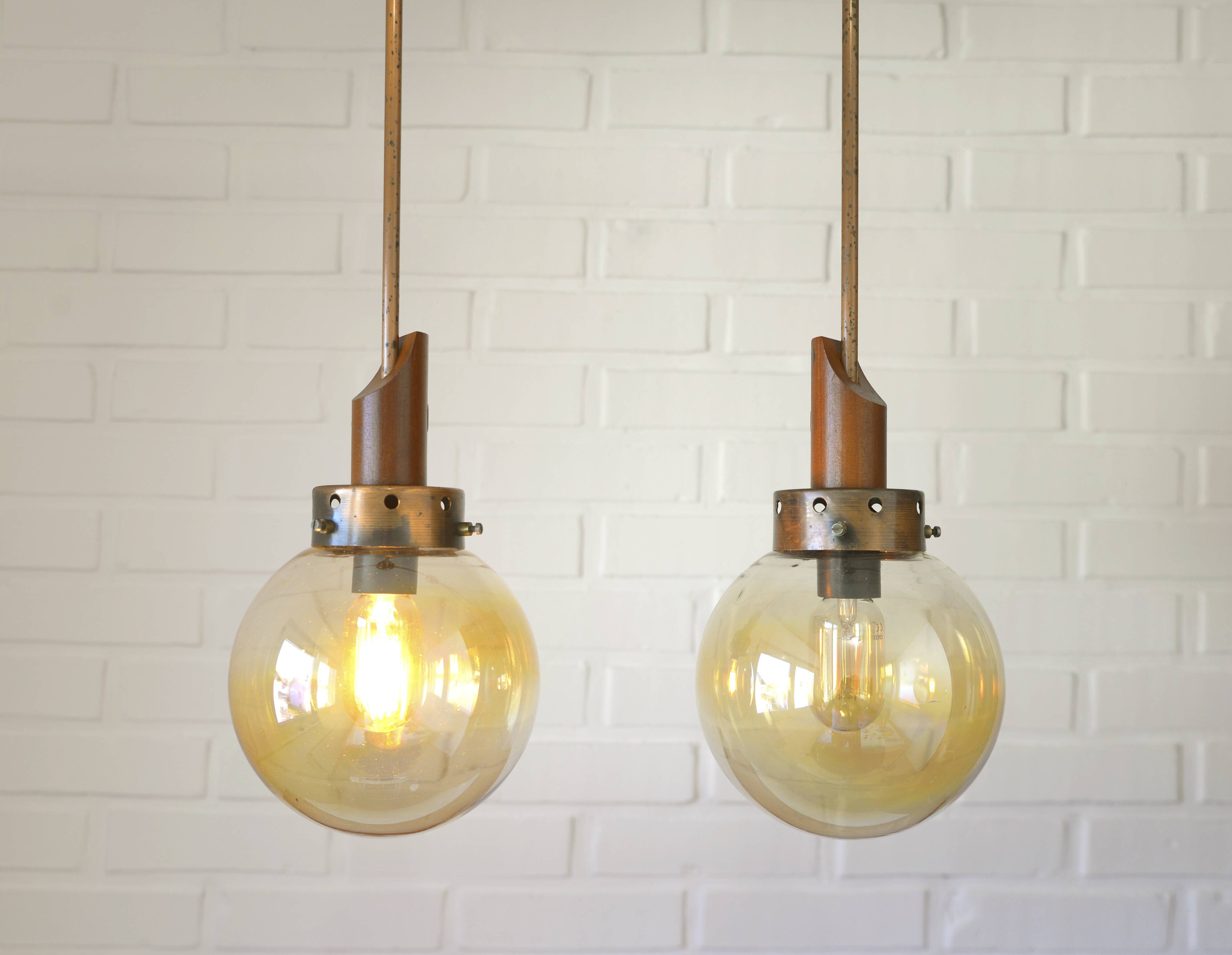 Vintage pendant light set of 2 rustic copper hanging lamps Yugoslavia 1970