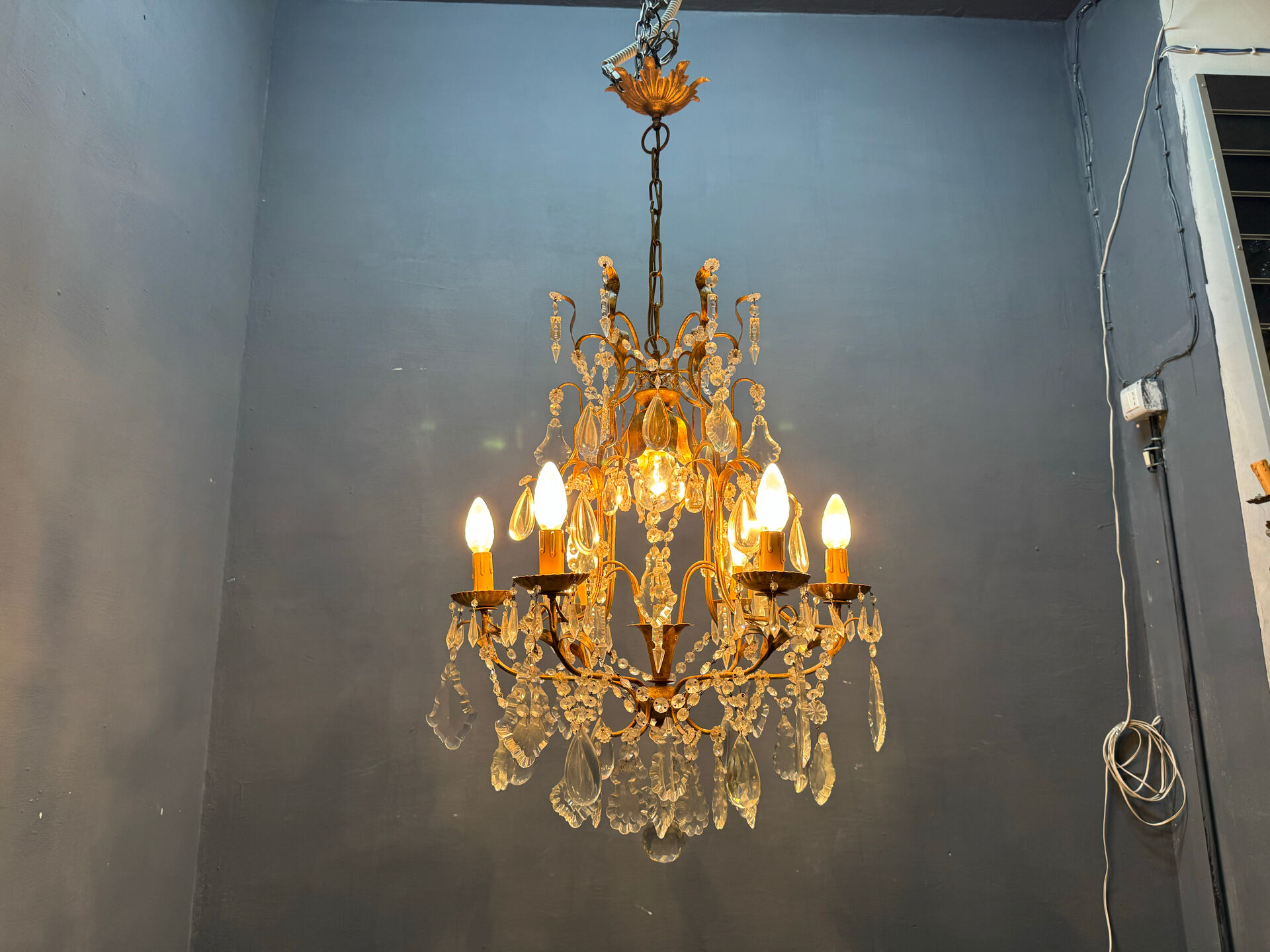 Large Gilded Florentine Tole and Crystal Chandelier, 1950s