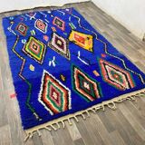 Handmade blue Moroccan rug, decorated, 250cm x 150cm