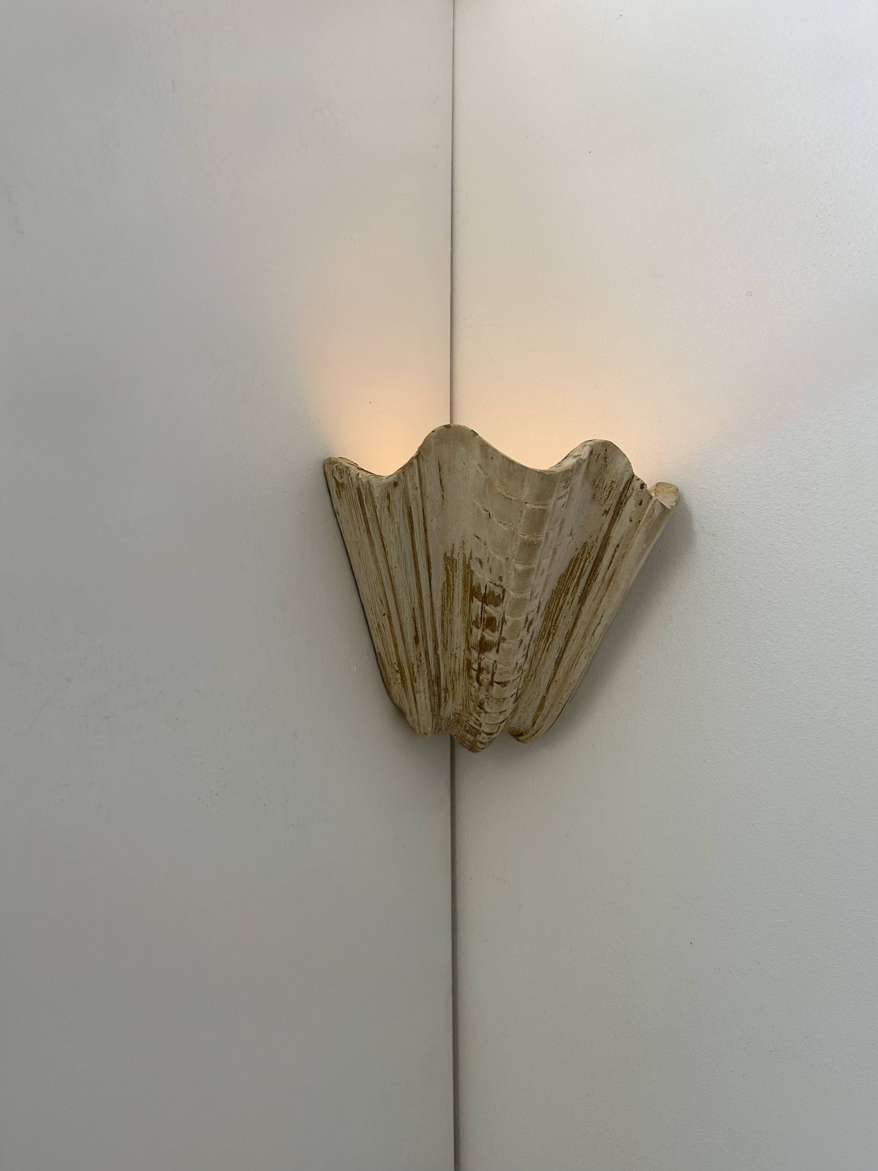 Pair of vintage shell wall lights, beige patinated plaster, France, 1940