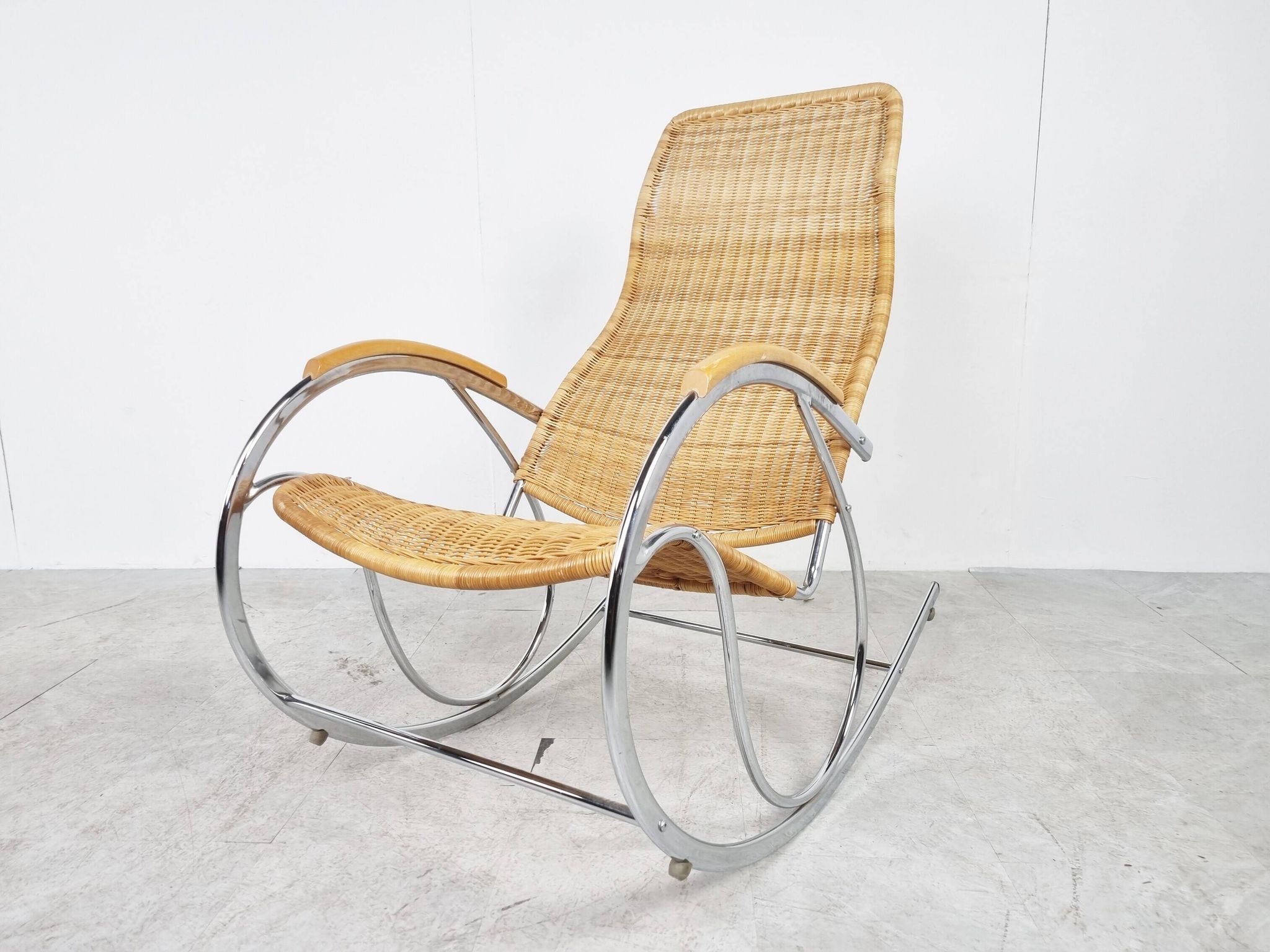 Vintage chrome and wicker rocking chair, 1970s