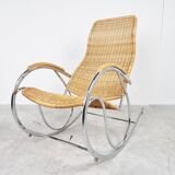 Vintage chrome and wicker rocking chair, 1970s