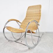 Vintage chrome and wicker rocking chair, 1970s