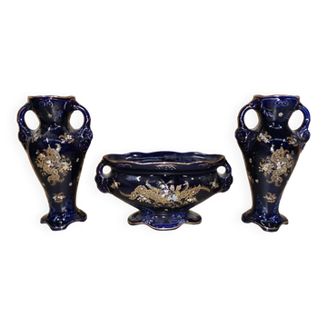 Pair of Vases + Art Nouveau Planter Barbotine De Bruyn FIVES LILLE