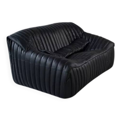 Canapé 2 places Cinna Ligne Roset en cuir noir attribué à Annie Hieronimus, années 1970