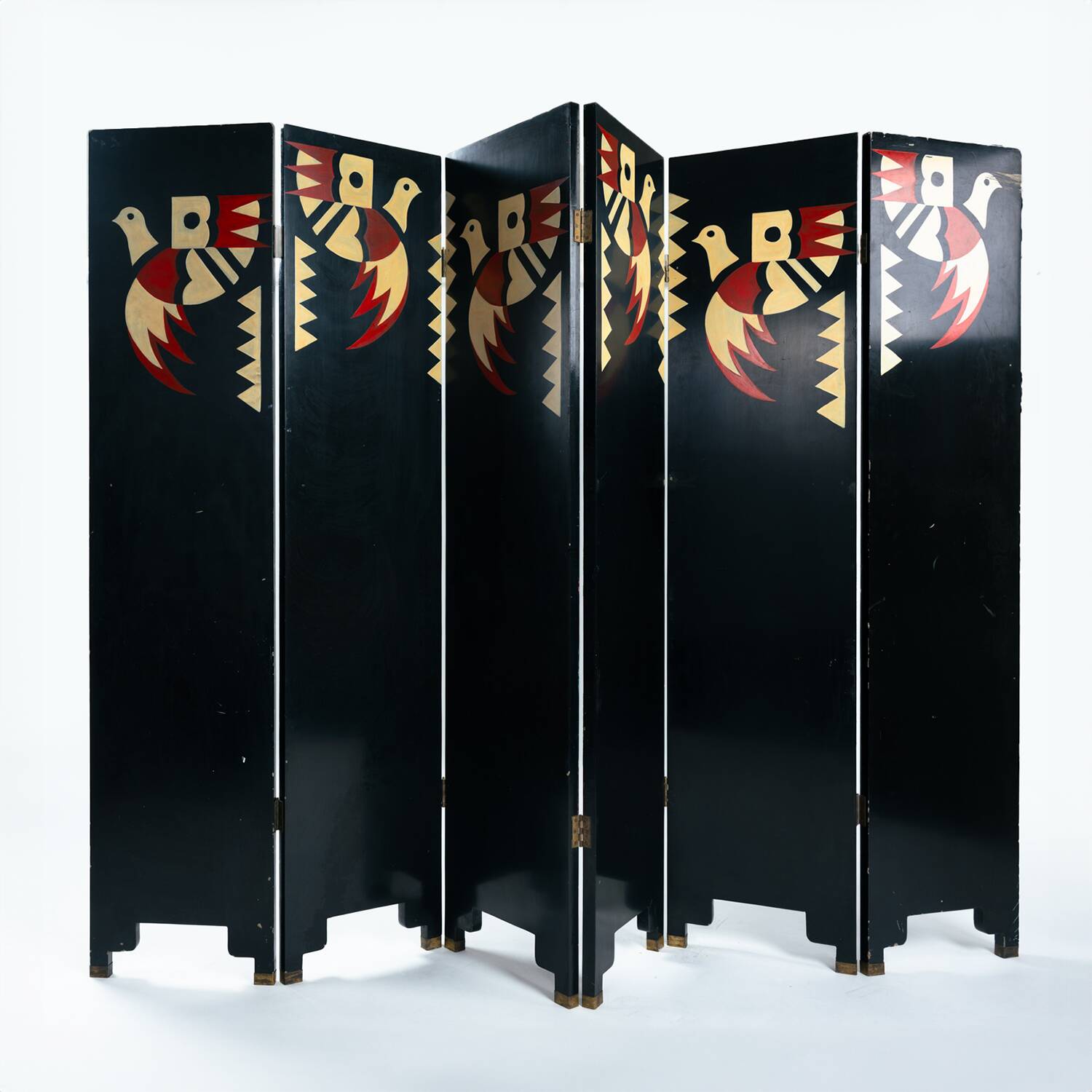Room divider in art deco style with birds, geometric patterns, red, yellow, blue