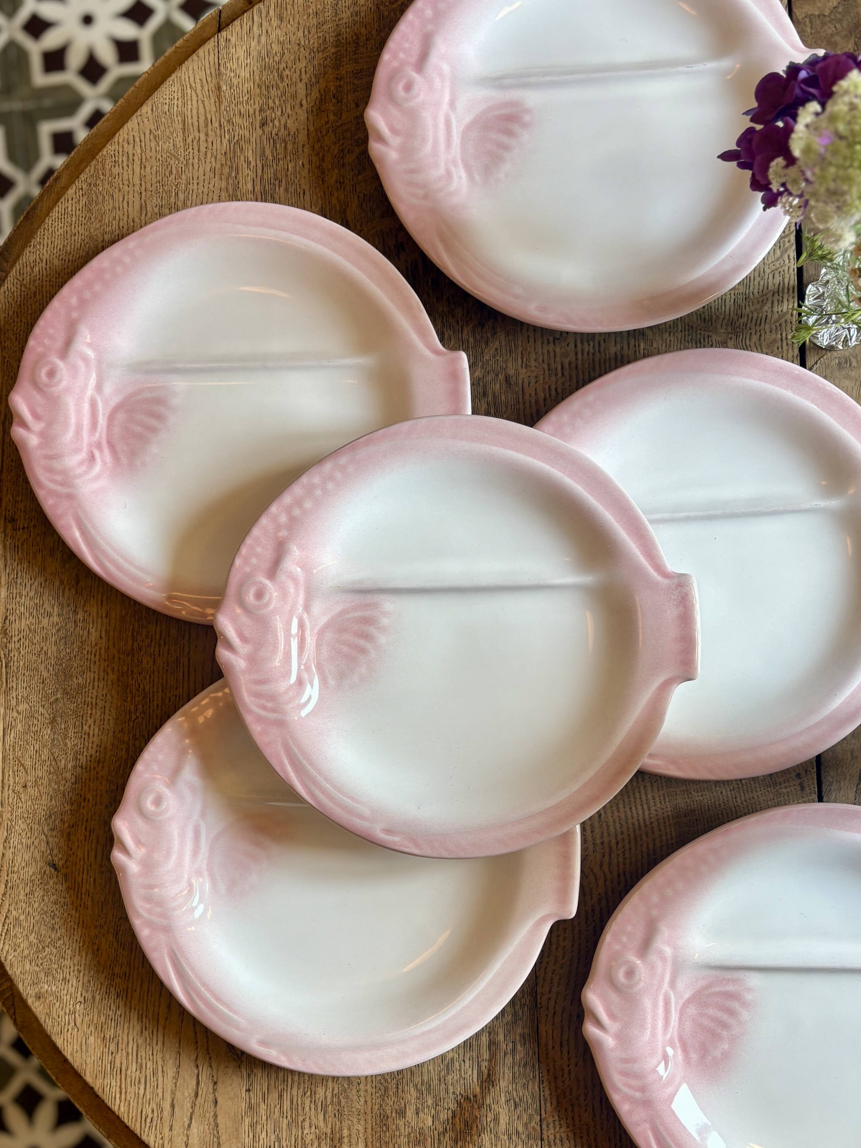 Set of 6 vintage plates in the shape of pink and gray fish - Nidervillier