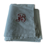 Drap ancien métis brodé monogramme rouge, 205x230 cm