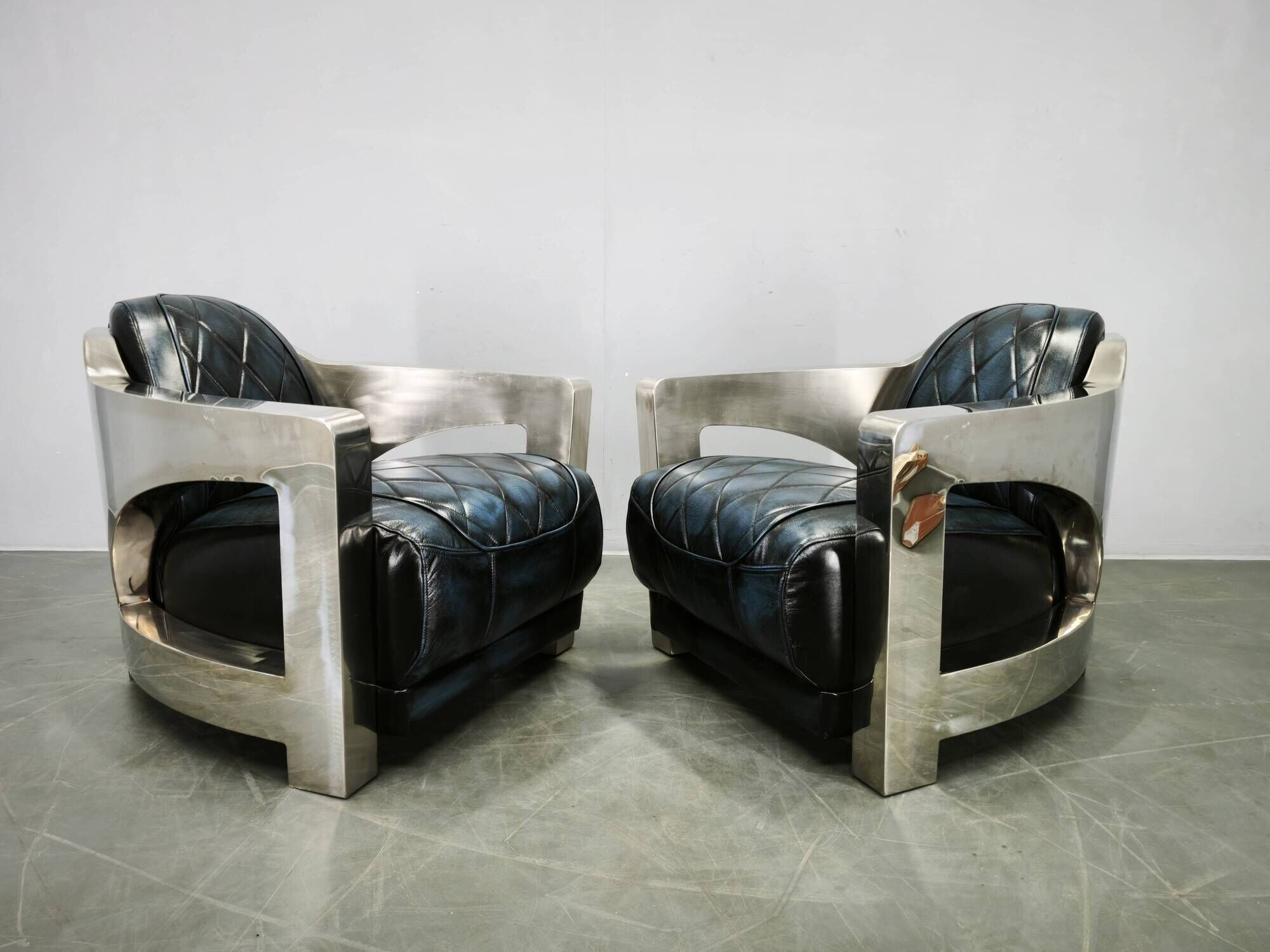 Pair of Timothy Oulton Aviator Leather and Steel Armchairs 1990s