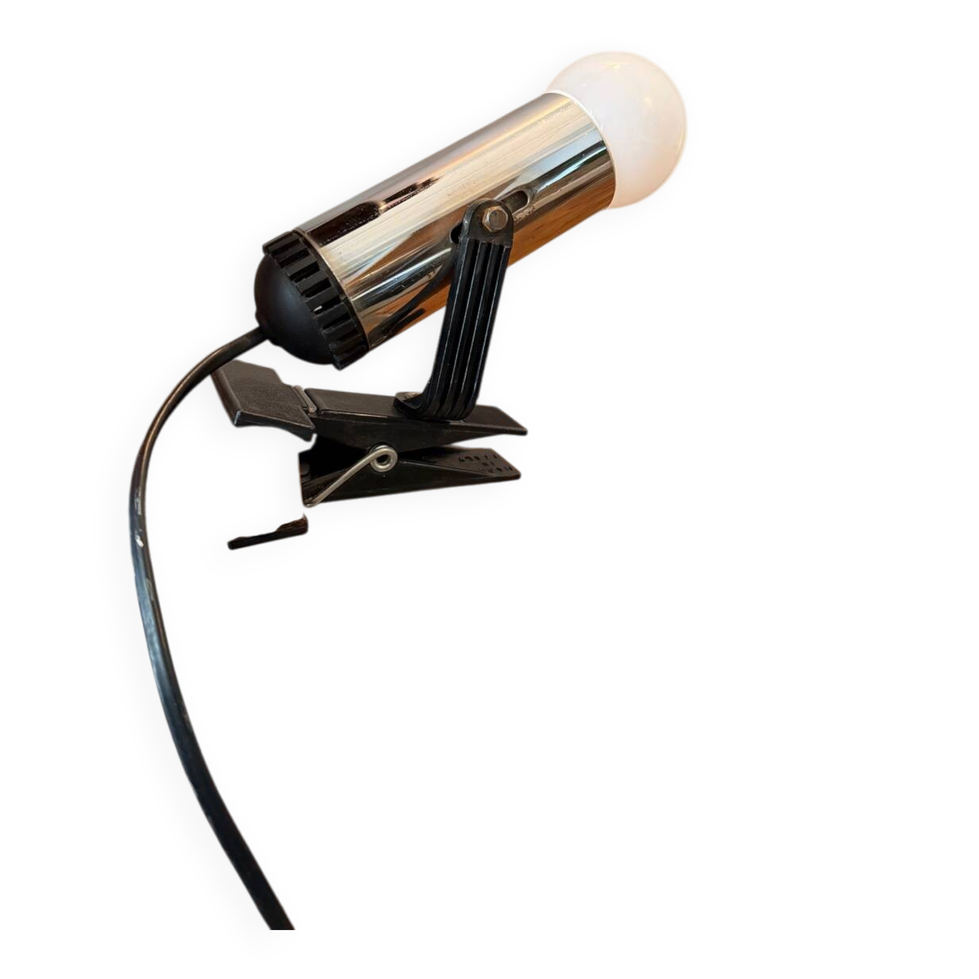 Clamp lamp/spotlight design made in Italy in chrome and black plastic.