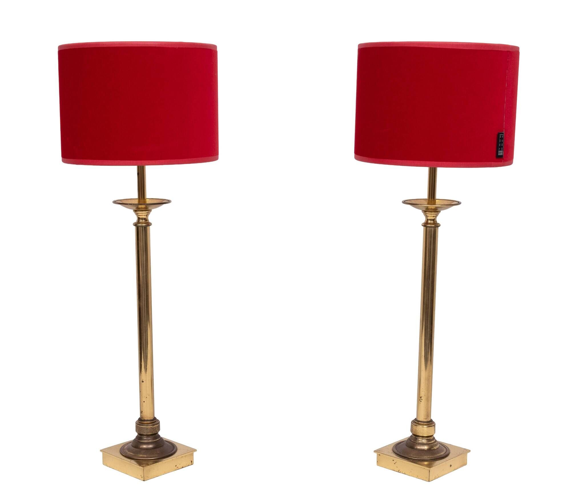 set solid Brass Table lamps Red Velvet shades 1960s France