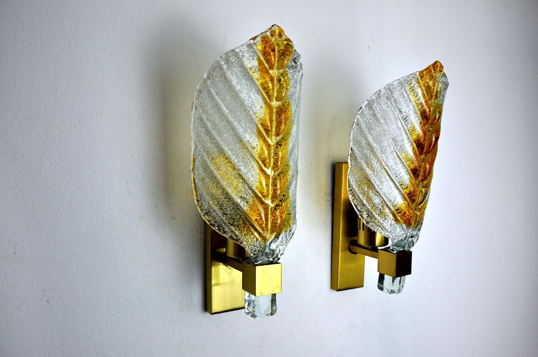 Pair of "leaf" wall lamps by Carl Fagerlund, orange Murano glass, Germany, 1970