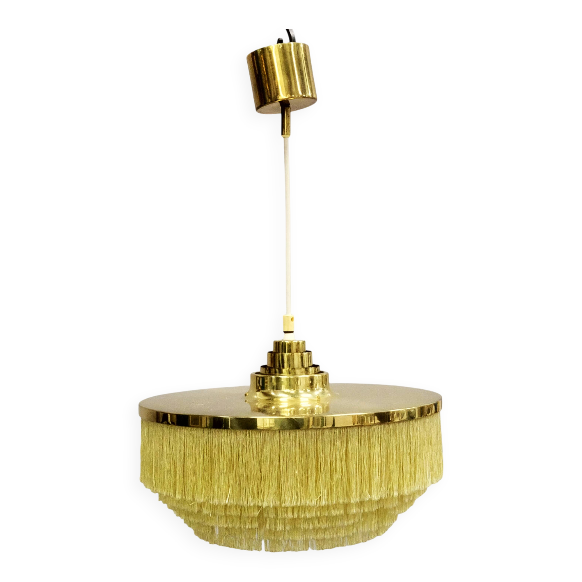 Hans-Agne Jakobsson T-603 pendant lamp in brass with yellow fringes.