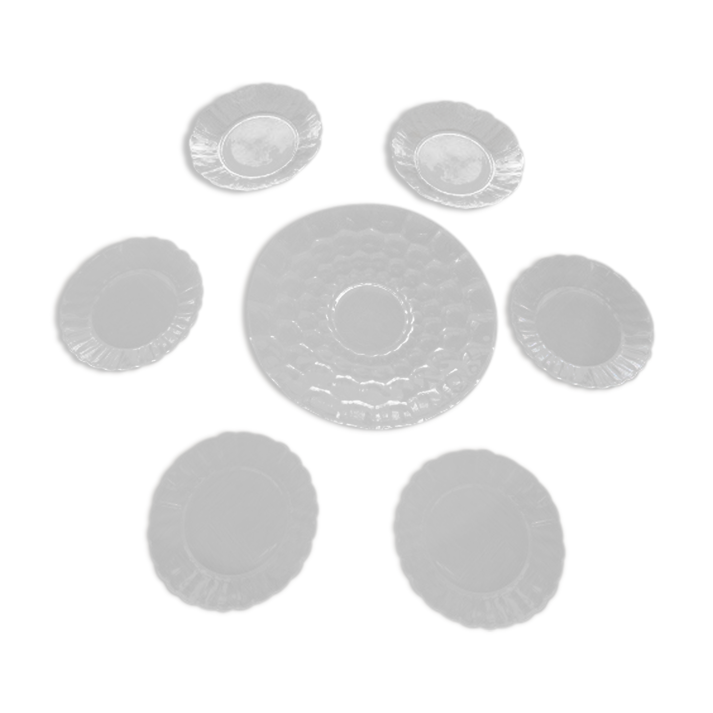 Dish and 6 duralex plates in vintage transparent glass 1970