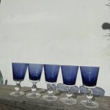 Set of 5 blue bubble stemmed glasses
