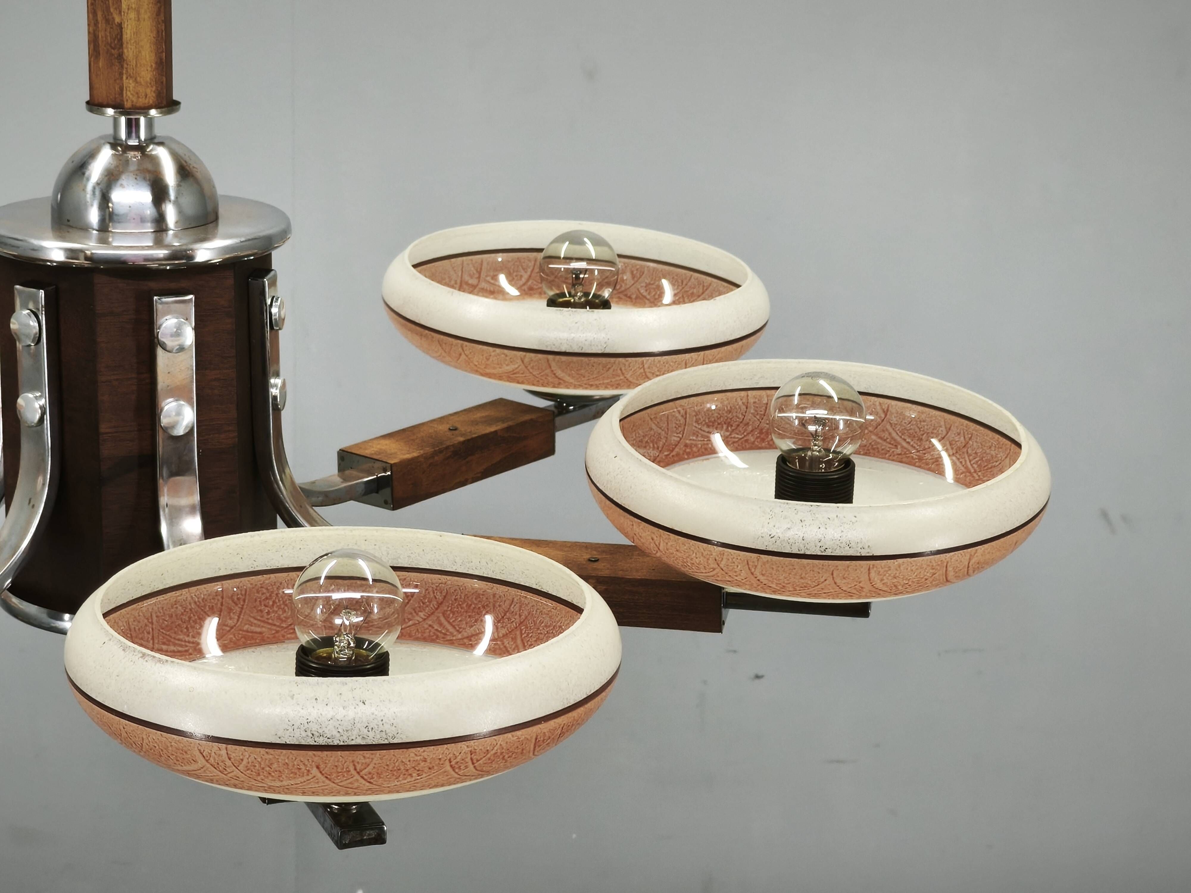 Large Art Deco Chrome, Wood and Glass Six-Light Chandelier, 1930s