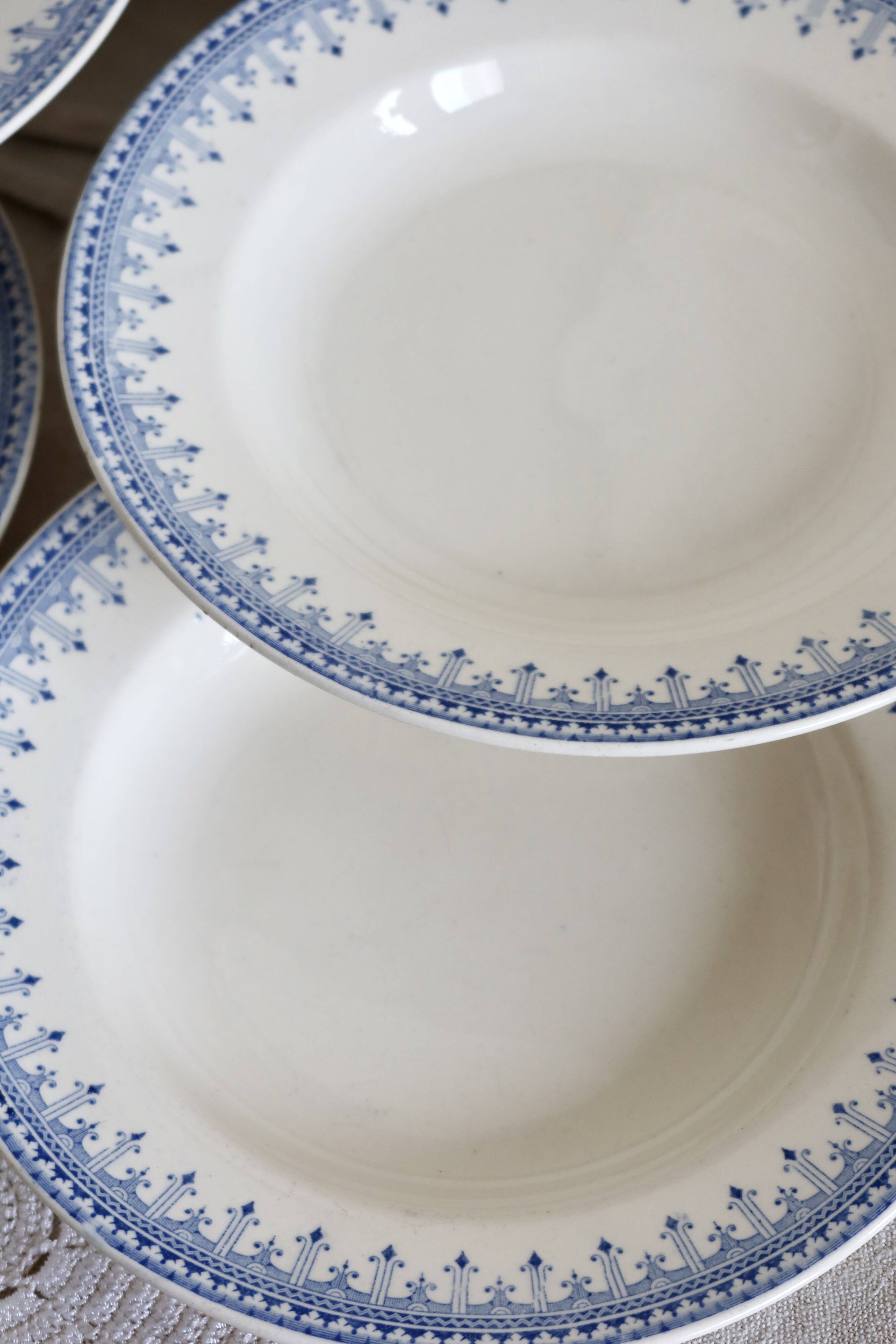 6 vintage Belgian earthenware soup plates with blue marli pattern