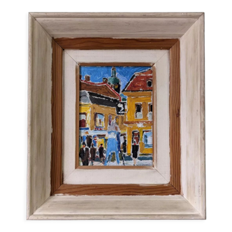 Mid-Century Modern Swedish Oil Painting "Pedestrians", Framed Street Scene