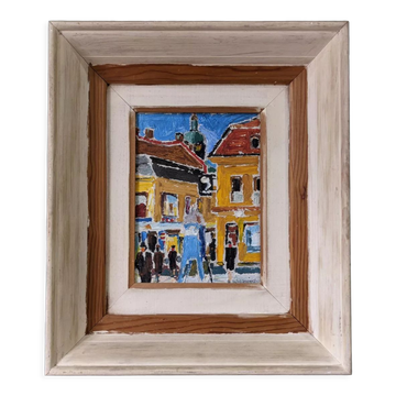 Mid-Century Modern Swedish Oil Painting "Pedestrians", Framed Street Scene