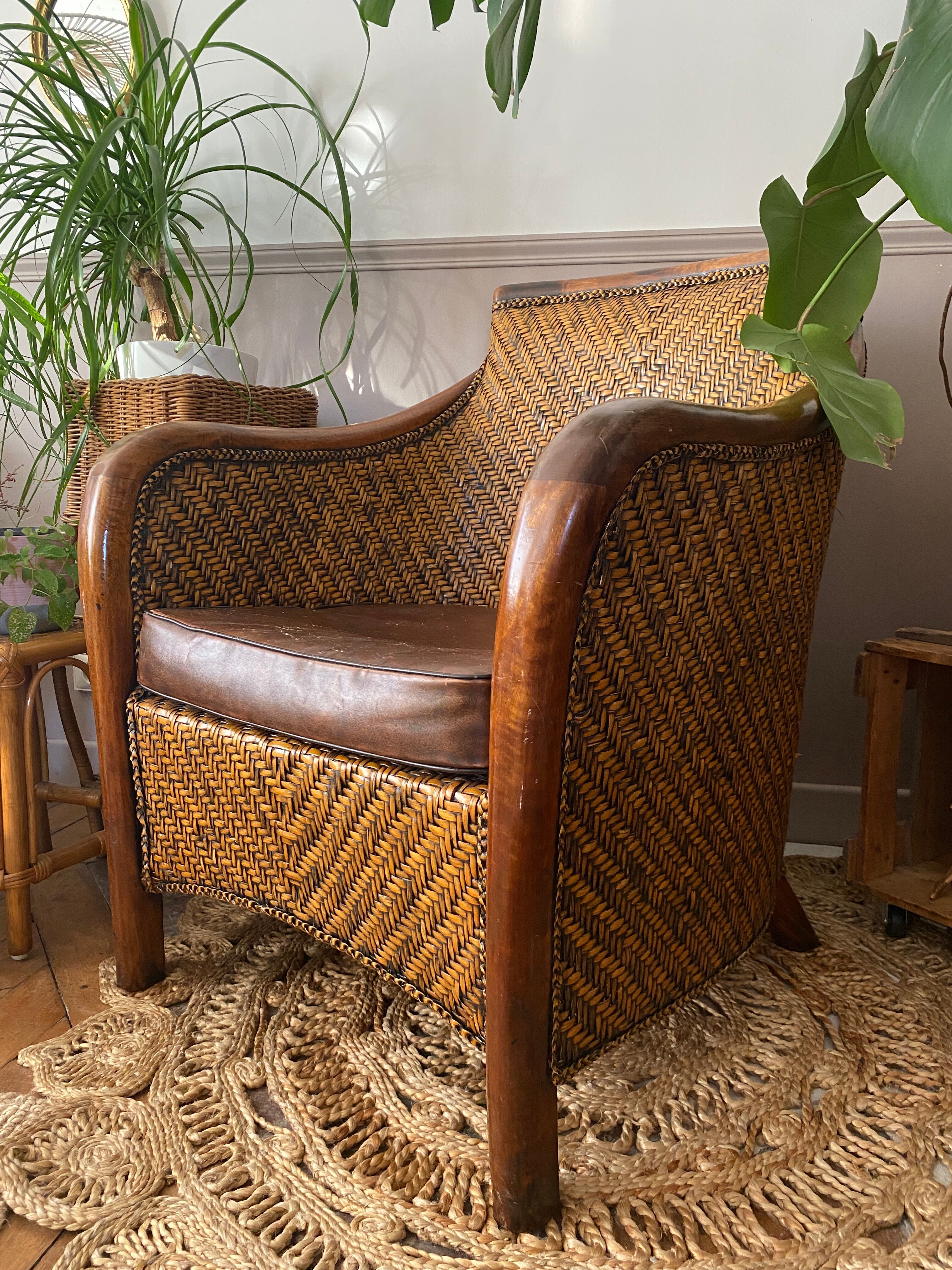 Fauteuil en rotin tressé vintage