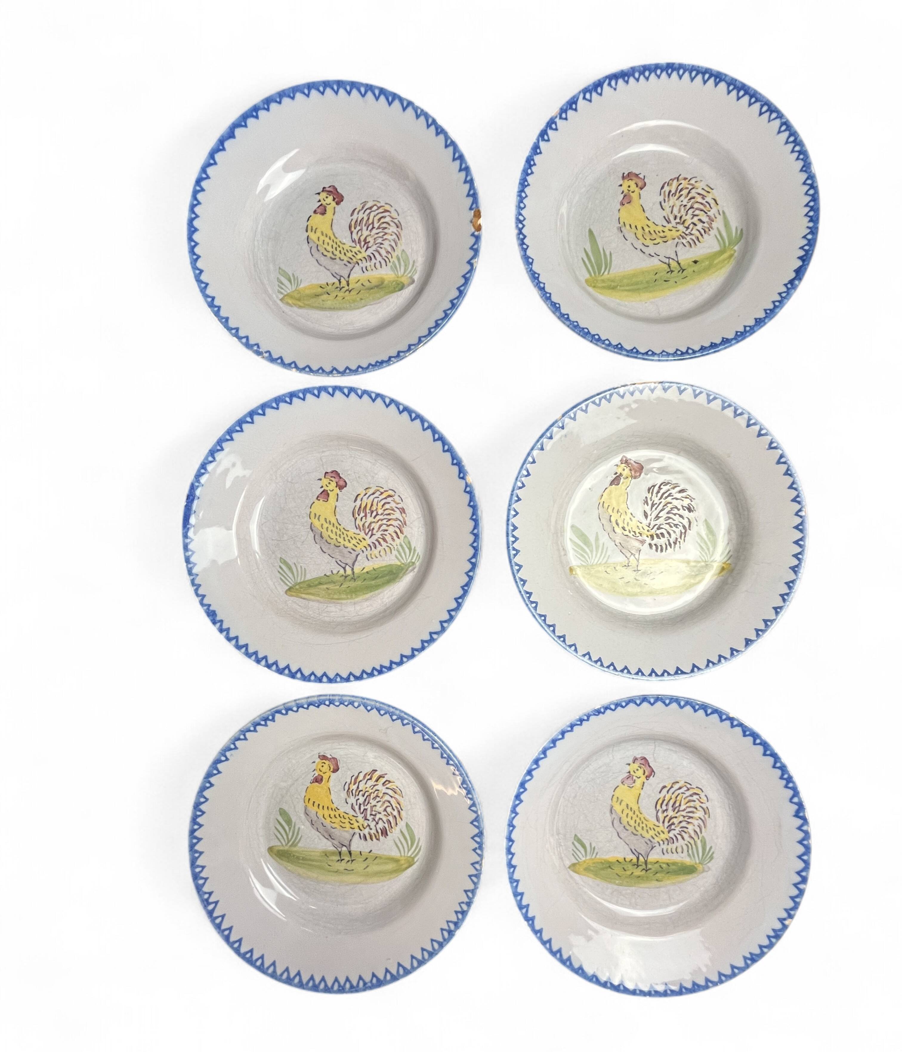 Série 6 assiettes faïence décor coq XXème