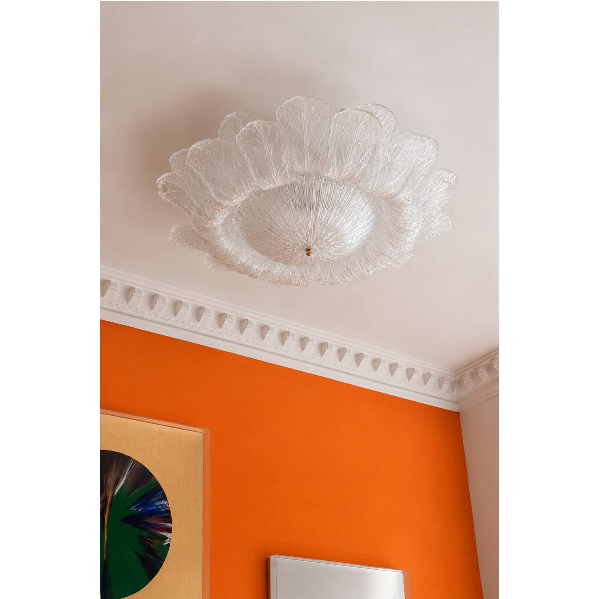 Contemporary Large Italian Clear Murano Glass Leaf Flush Mount Ceiling Ligh