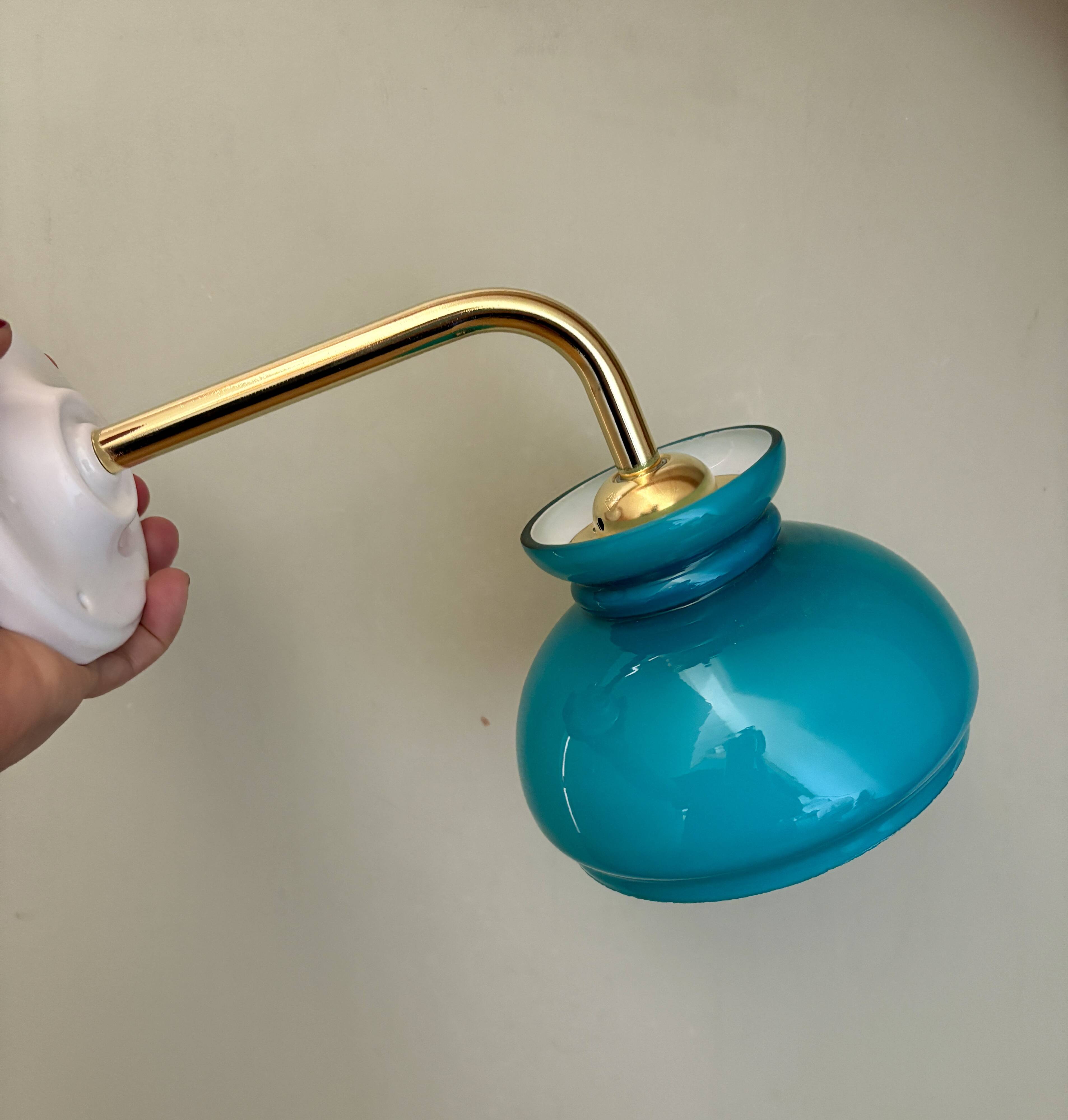 Vintage angled globe wall light in blue opaline